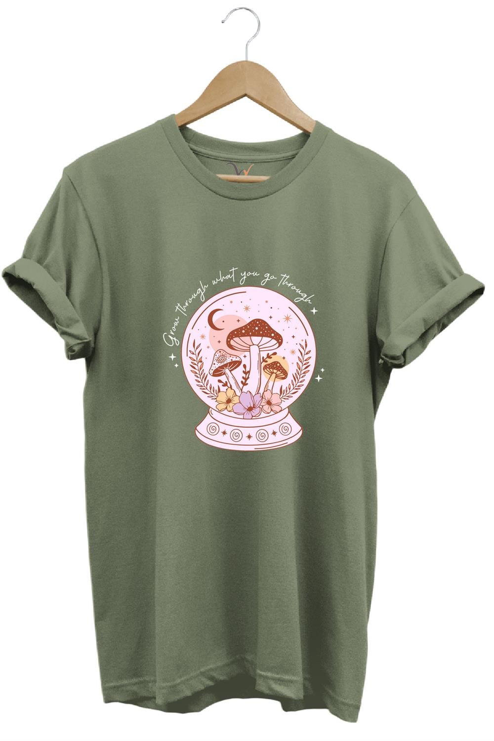 Vintage Retro Streetwear Poster Mantar Küresi Baskılı %100 Pamuk Regular Fit Bisiklet Yaka T-Shirt - Haki