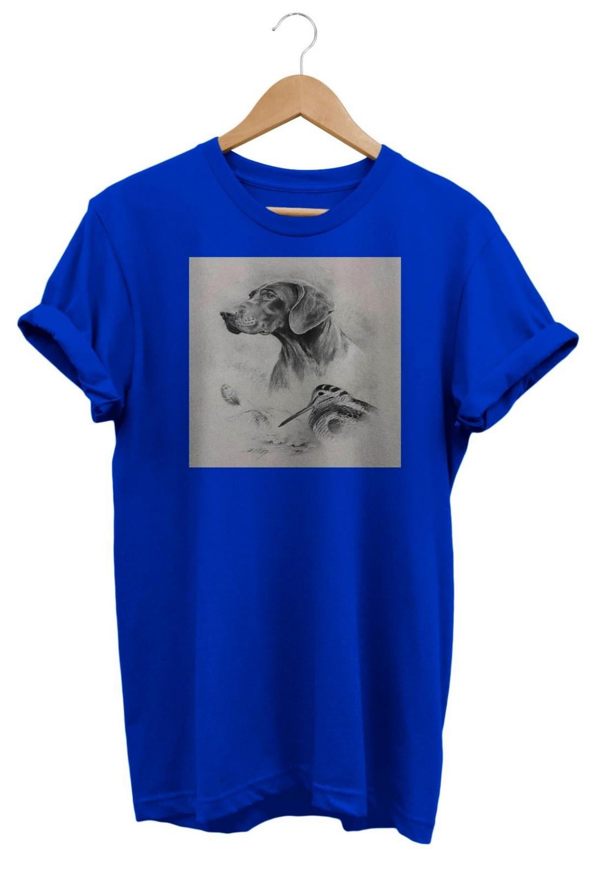 Widi Av Köpeği ve Çulluk Baskılı T-Shirt Mavi