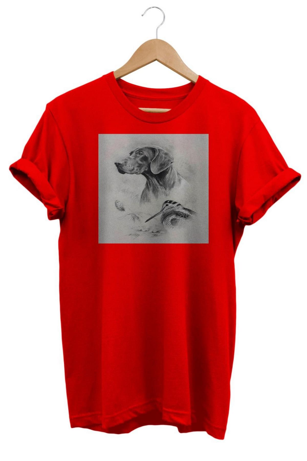 Widi Av Köpeği ve Çulluk Baskılı T-Shirt Kırmızı