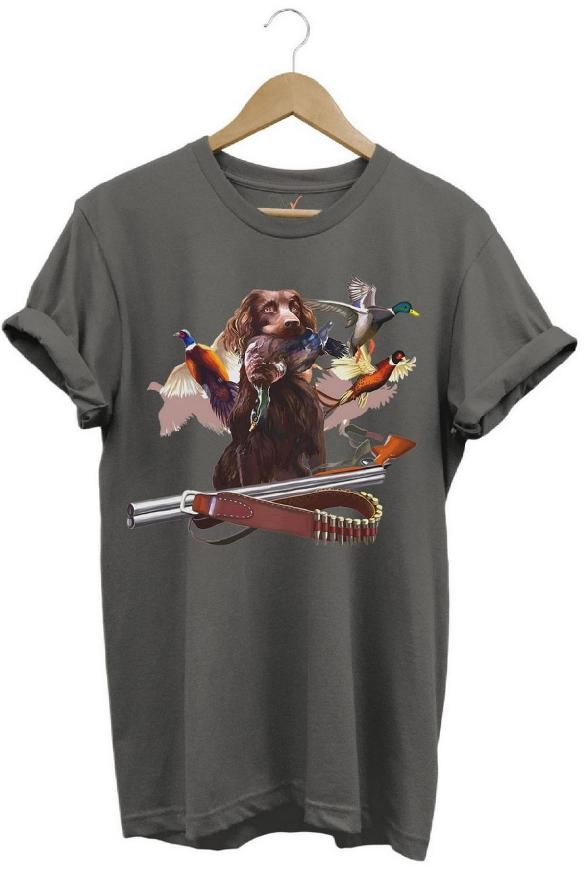 Widi Avcı Köpeği Desenli Halka Boyunlu Sülün T-Shirt Antrasit