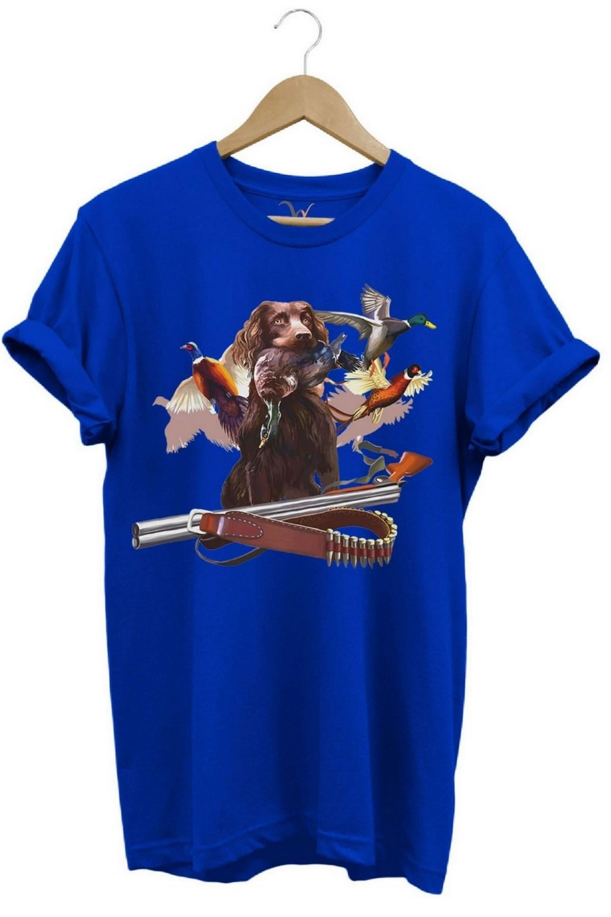Widi Avcı Köpeği Desenli Halka Boyunlu Sülün T-Shirt Mavi