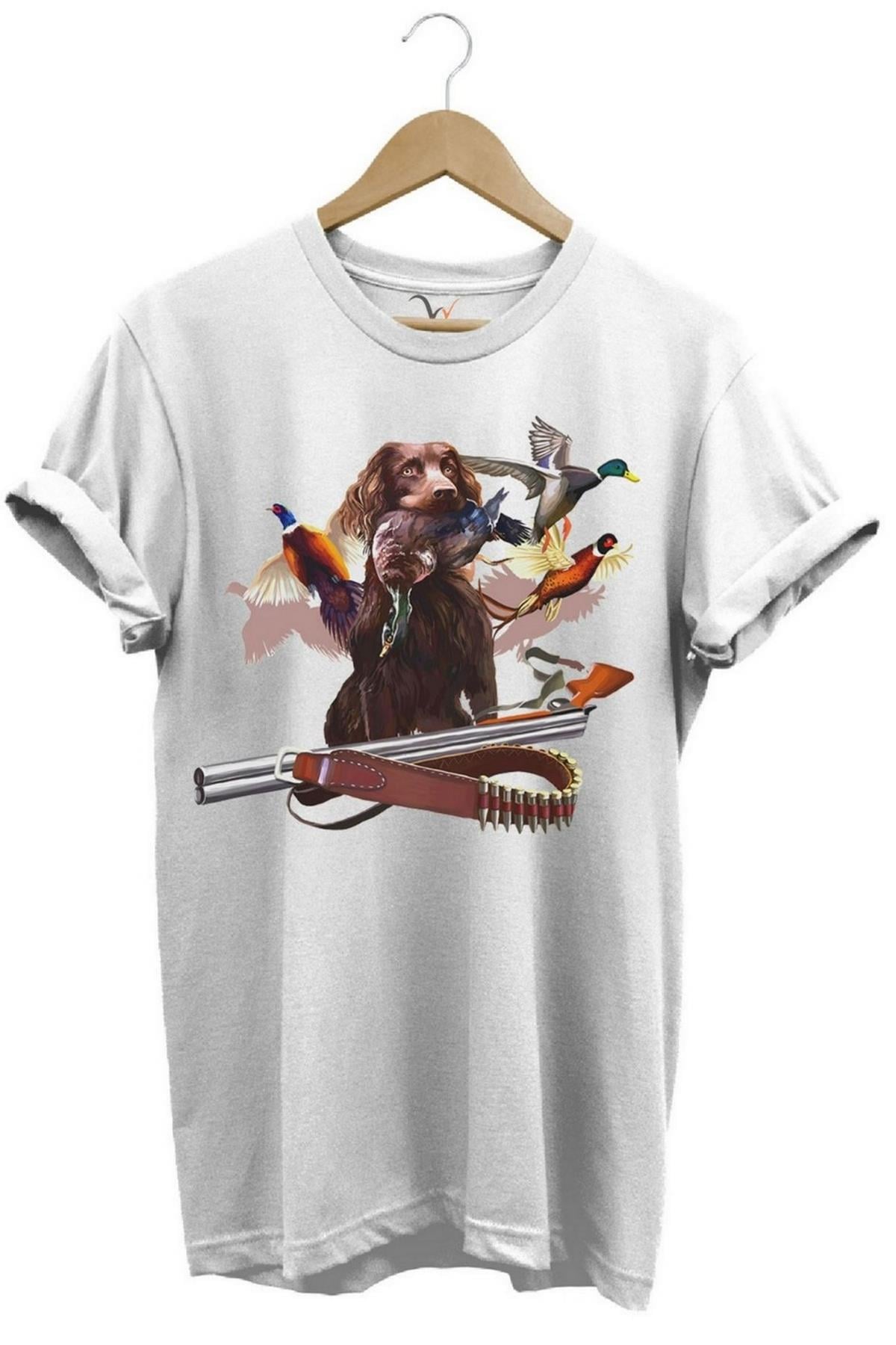 Widi Avcı Köpeği Desenli Halka Boyunlu Sülün T-Shirt Beyaz