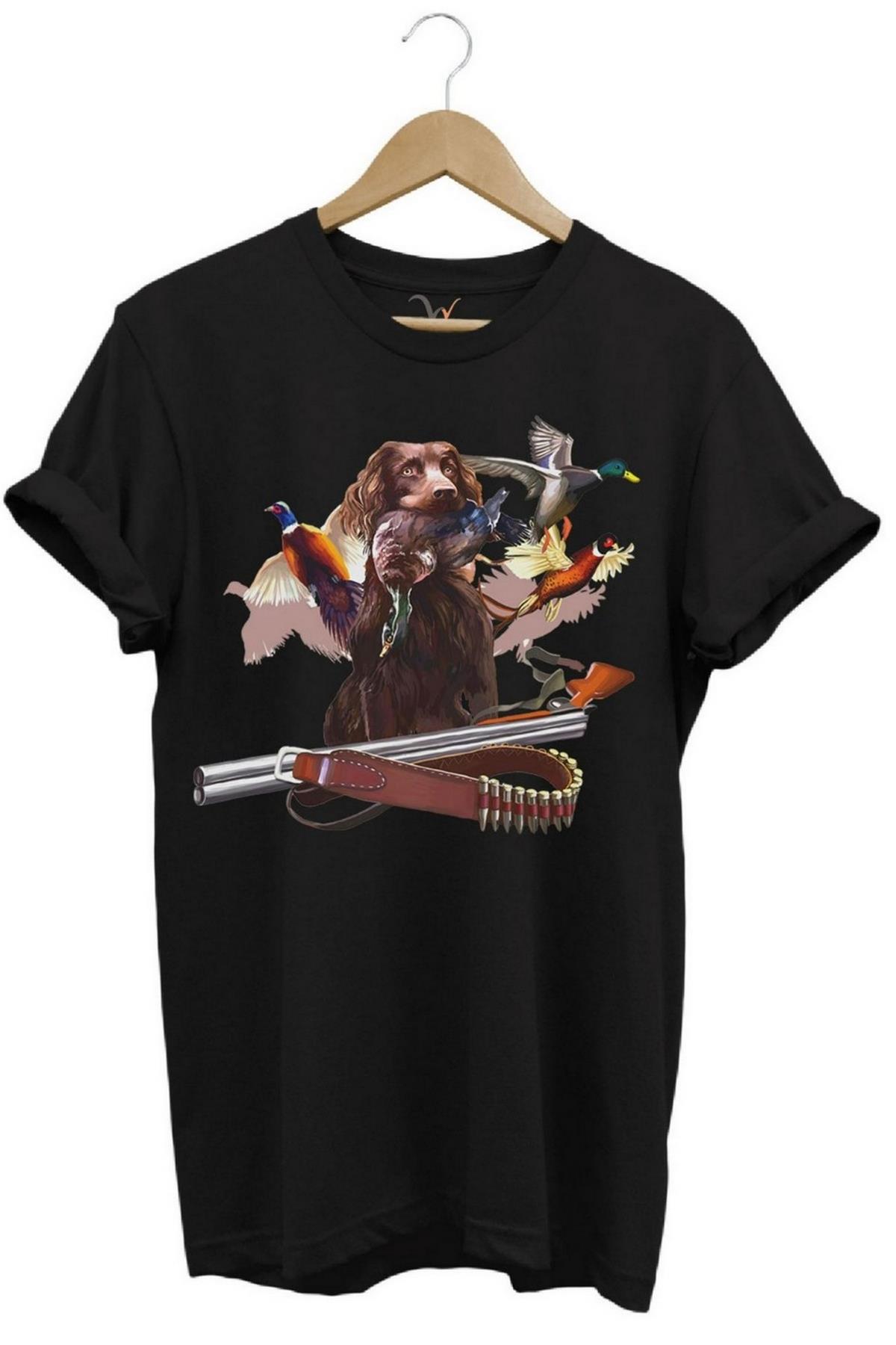 Widi Avcı Köpeği Desenli Halka Boyunlu Sülün T-Shirt Siyah