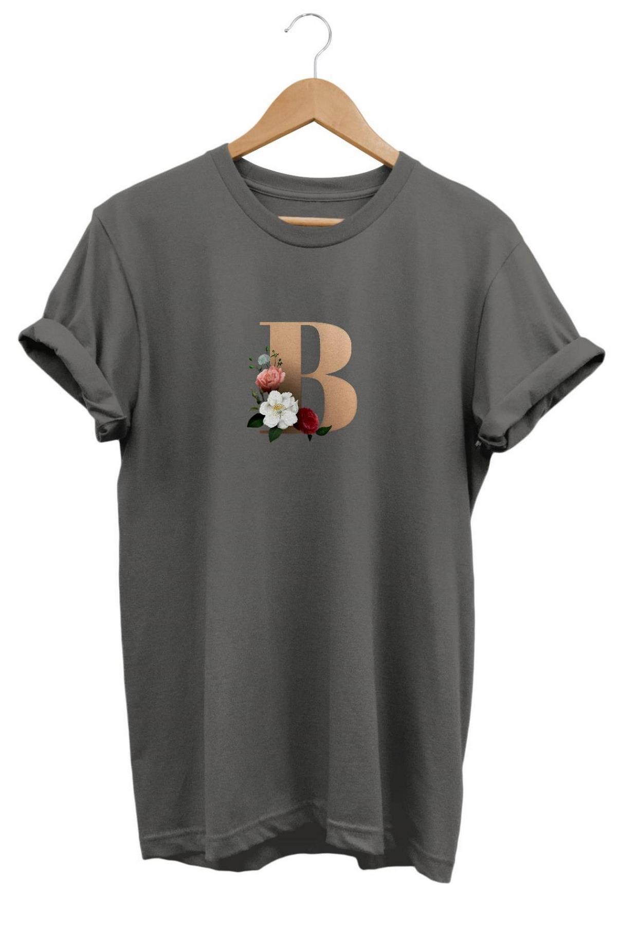 Widi B Harf Baskılı T-Shirt Gri