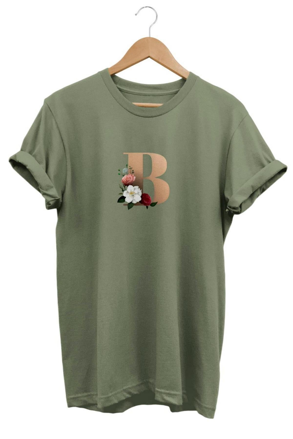 Widi B Harf Baskılı T-Shirt Haki