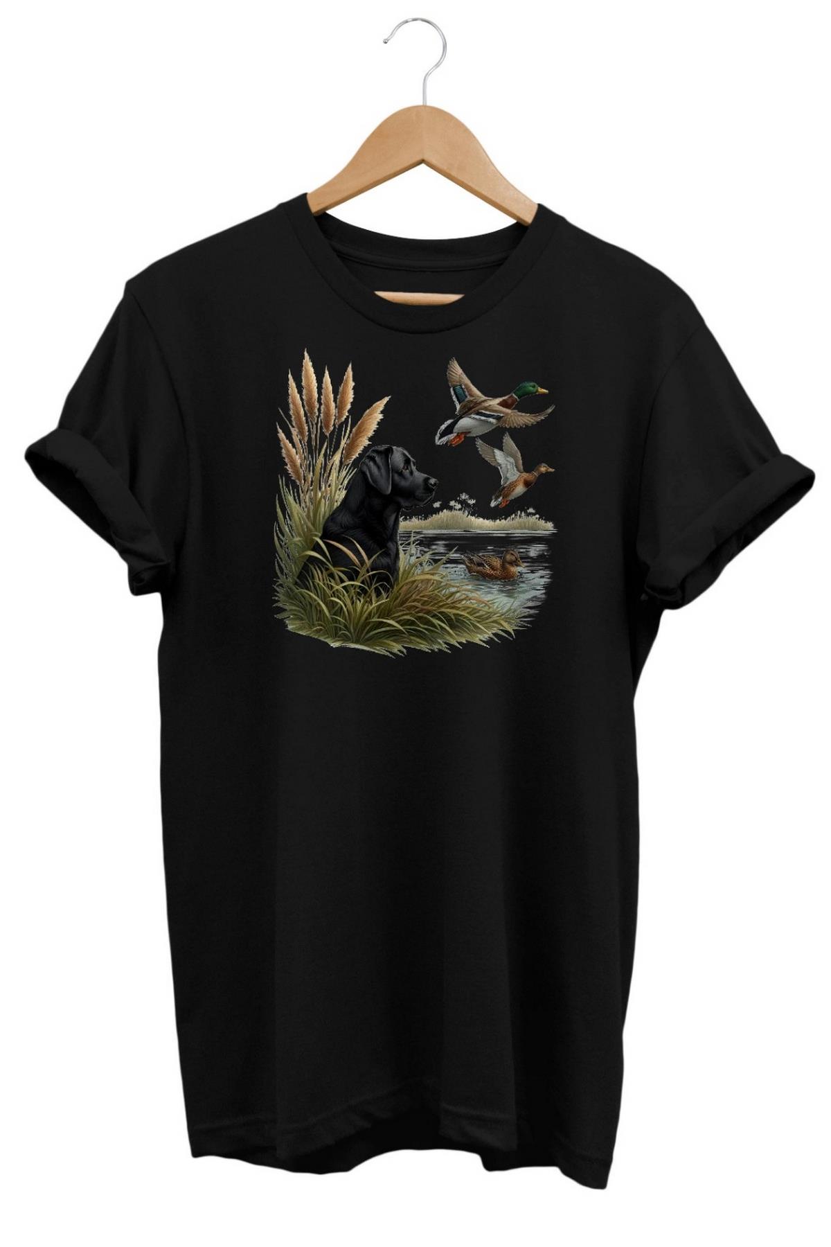 Widi Black Labrador Duck Hunt Baskılı T-Shirt Siyah