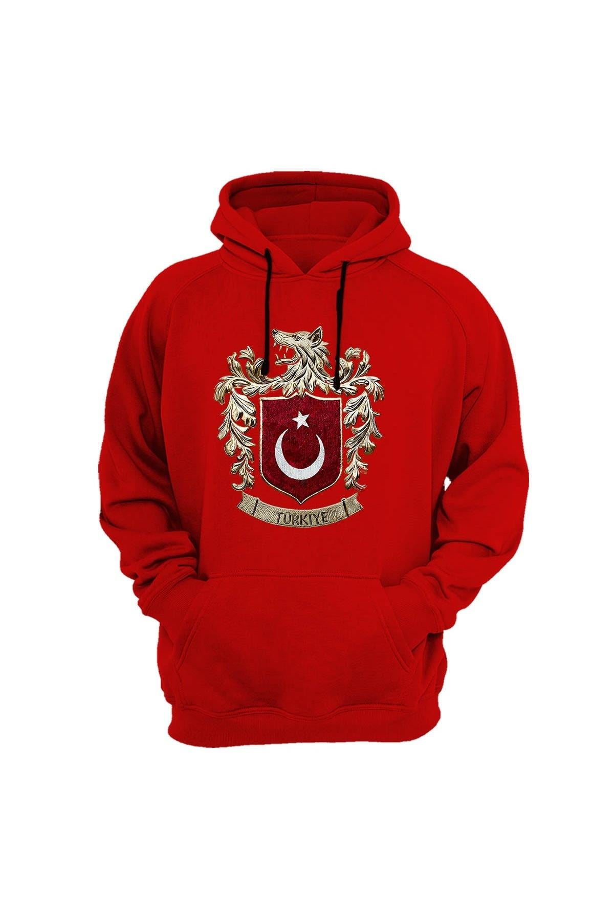 Widi Bozkurt Sembolü ve Türk Bayrağı Baskılı Sweatshirt Kırmızı