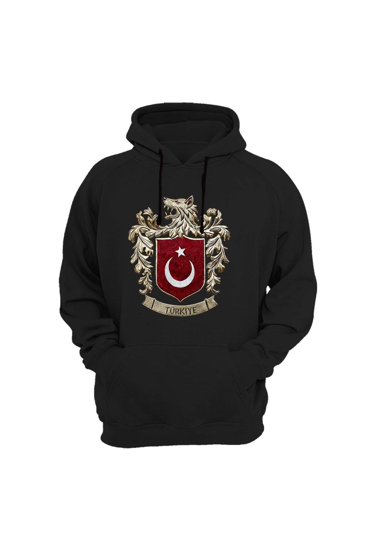 Widi Bozkurt Sembolü ve Türk Bayrağı Baskılı Sweatshirt Siyah