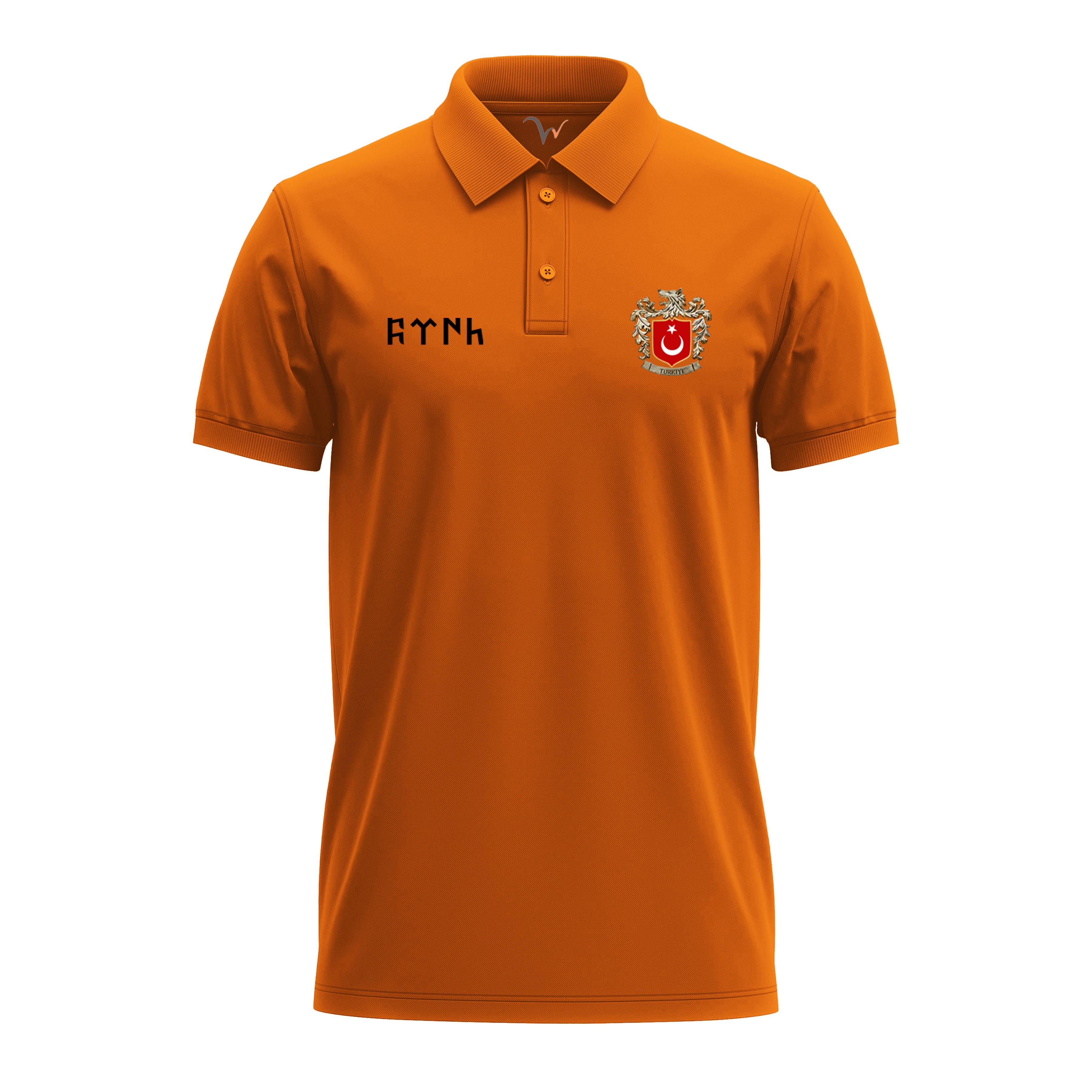 Widi Bozkurt Sembolü ve Türk Bayrağı Baskılı Polo Yaka T-Shirt Turuncu