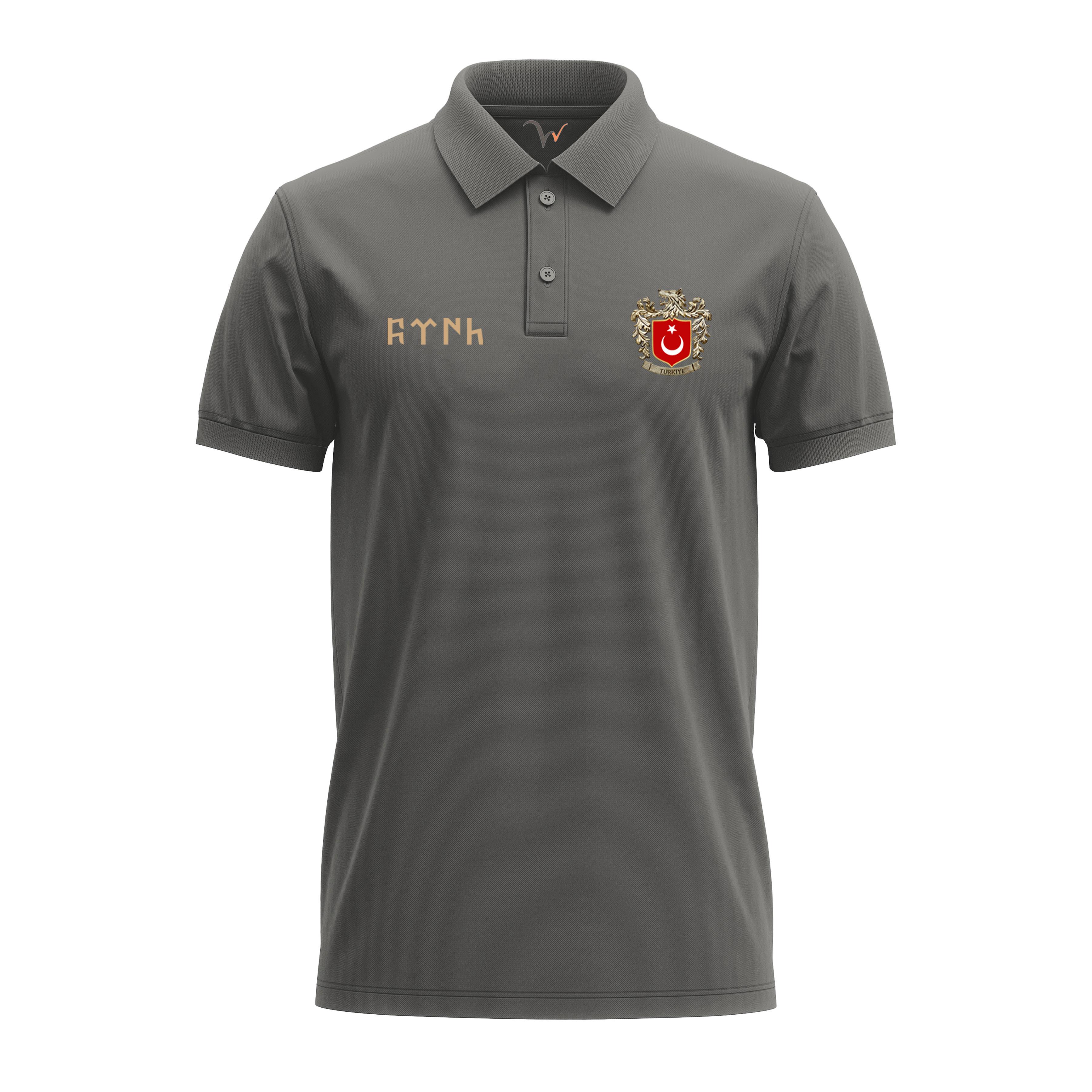 Widi Bozkurt Sembolü ve Türk Bayrağı Baskılı Polo Yaka T-Shirt Antrasit