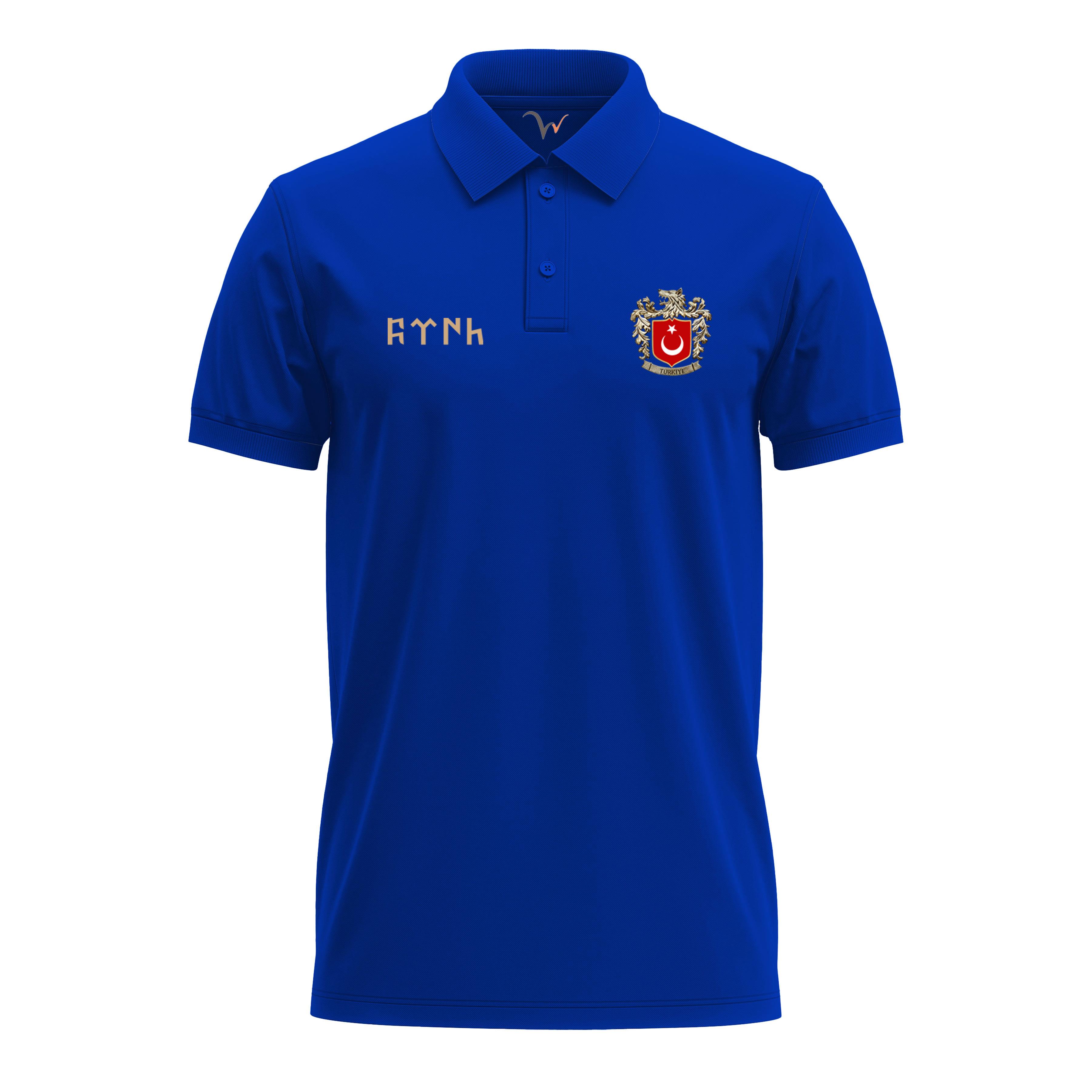 Widi Bozkurt Sembolü ve Türk Bayrağı Baskılı Polo Yaka T-Shirt Mavi