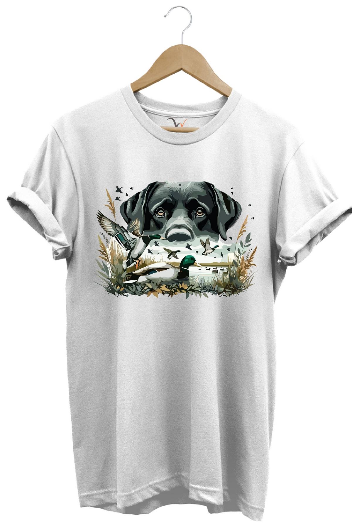 Widi Labrador Av Köpeği Ördek Avı Baskılı T-Shirt Beyaz