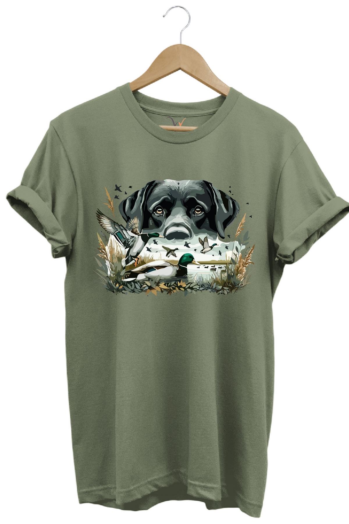 Widi Labrador Av Köpeği Ördek Avı Baskılı T-Shirt Haki