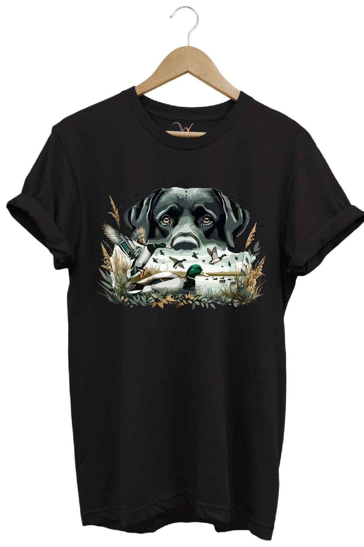 Widi Labrador Av Köpeği Ördek Avı Baskılı T-Shirt Siyah