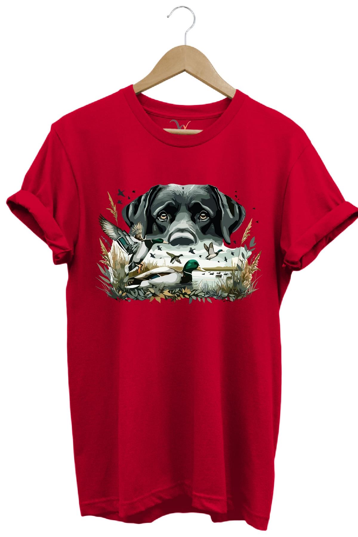Widi Labrador Av Köpeği Ördek Avı Baskılı T-Shirt Kırmızı