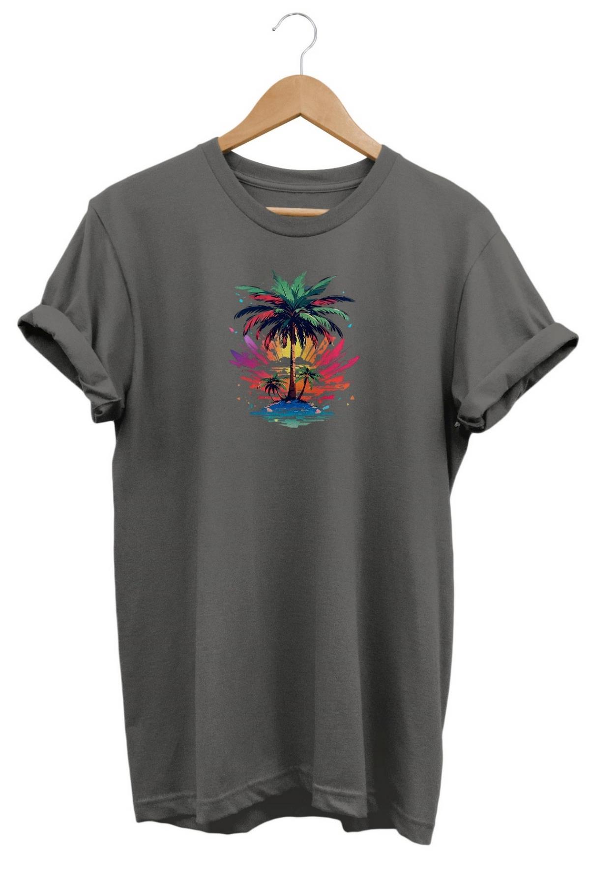 Widi Palmiye Ağaç Baskılı T-Shirt Gri