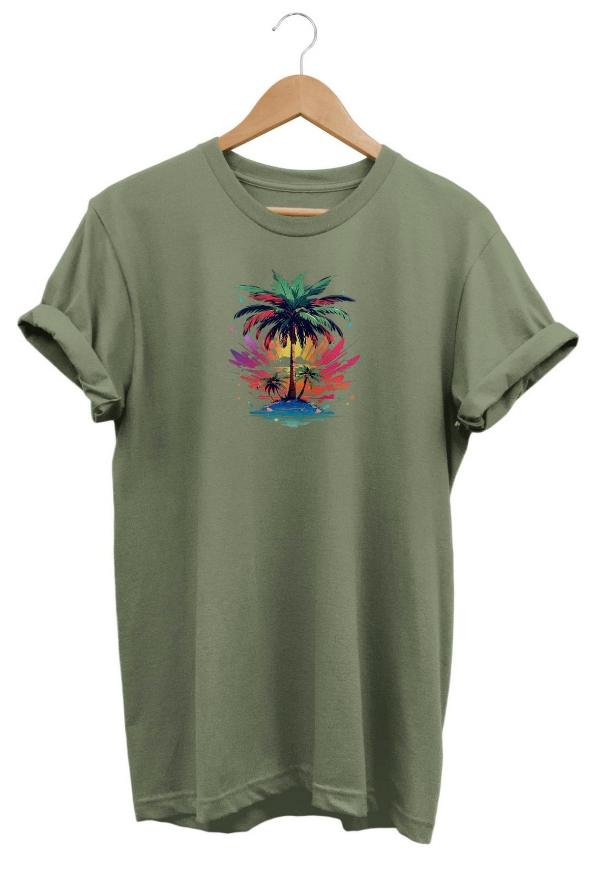 Widi Palmiye Ağaç Baskılı T-Shirt Haki