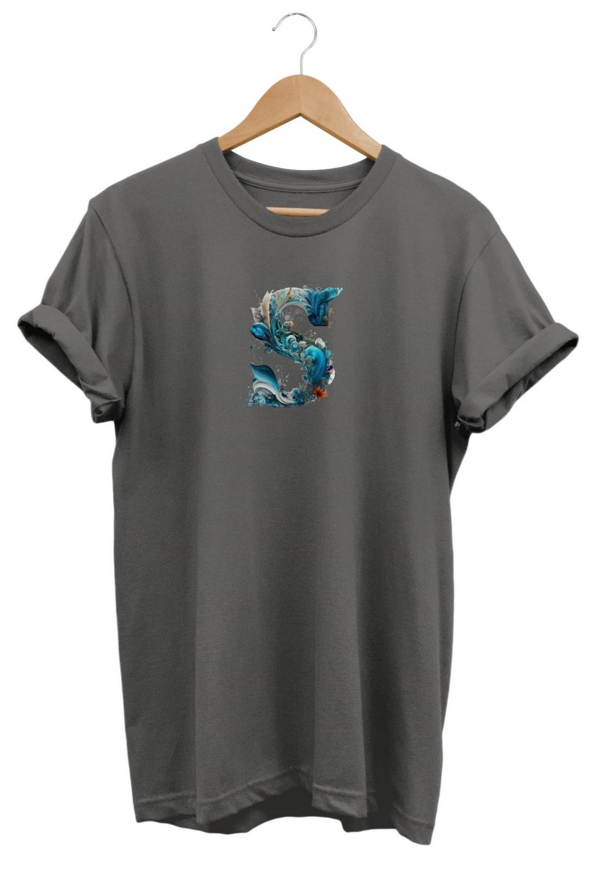 Widi S Harf Baskılı T-Shirt Gri