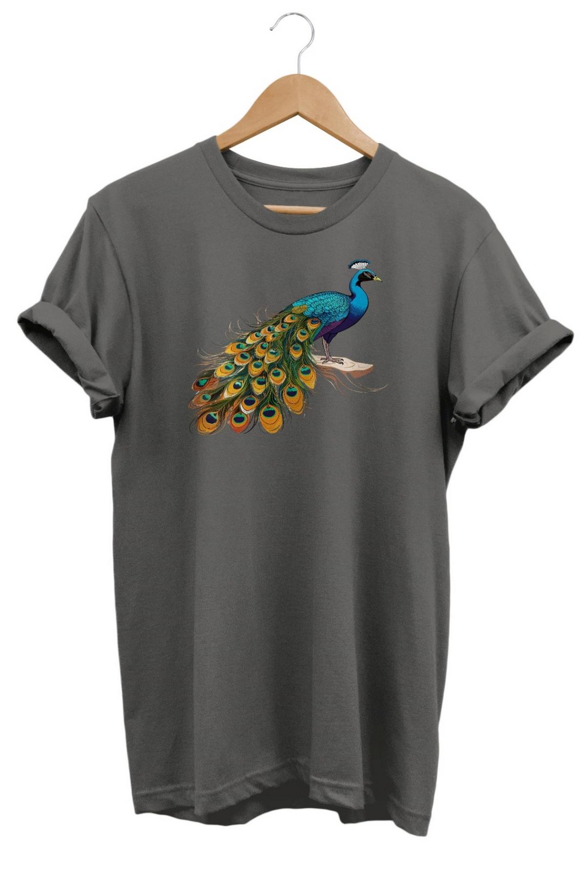 Widi Tavus Kuşu Baskılı T-Shirt Gri