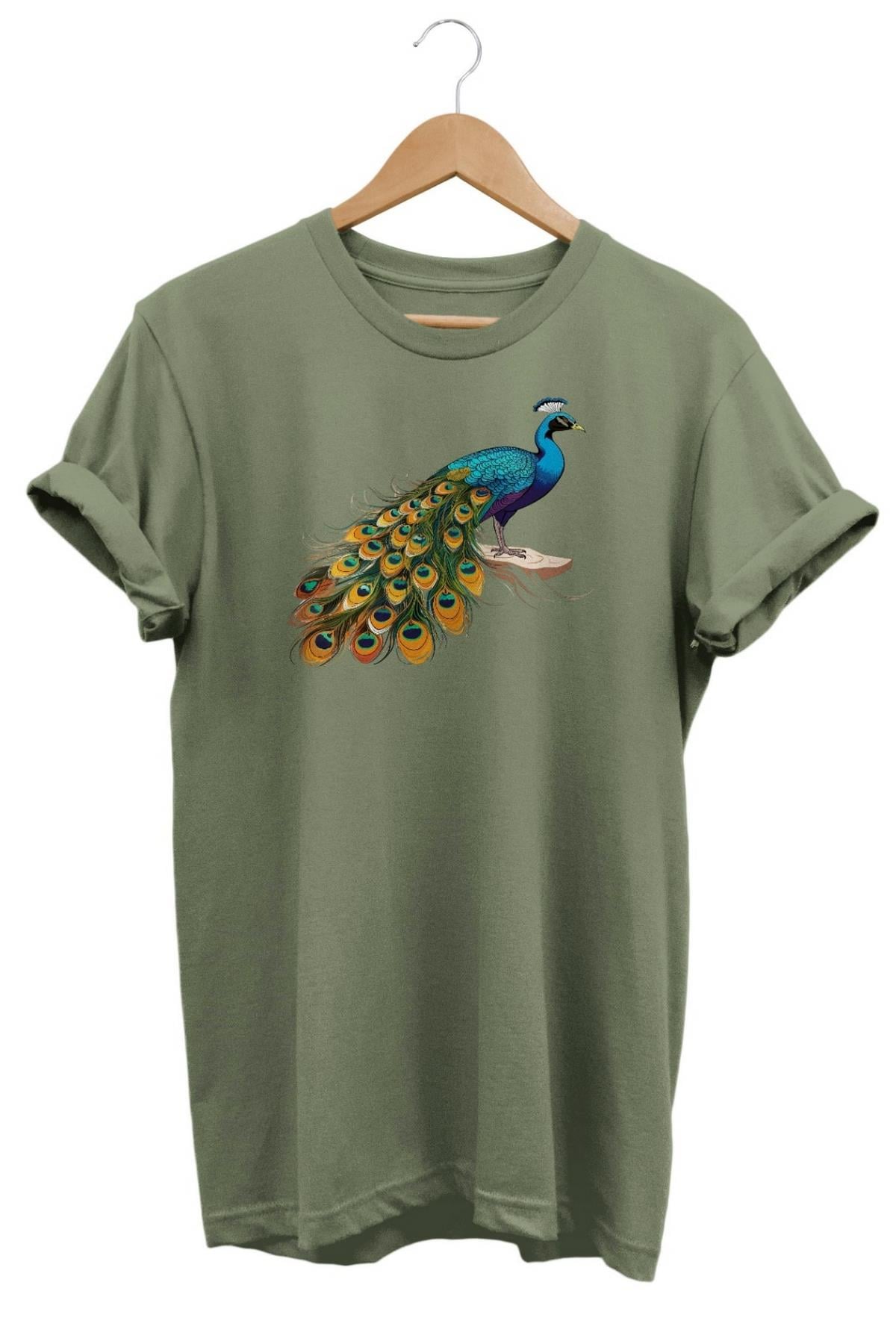 Widi Tavus Kuşu Baskılı T-Shirt Haki