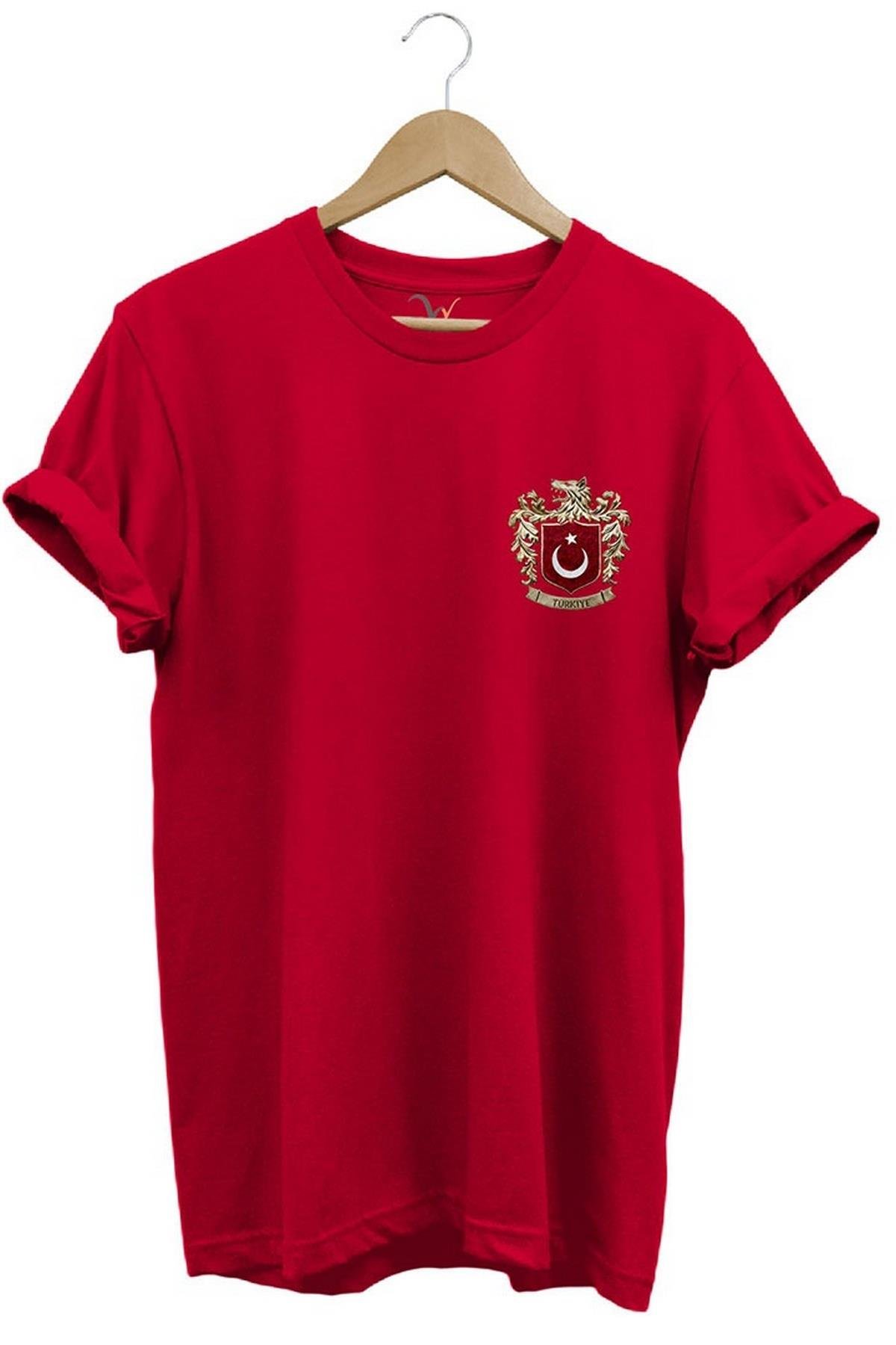Widi Türk Bayrağı ve Kurt Baskılı T-Shirt Kırmızı