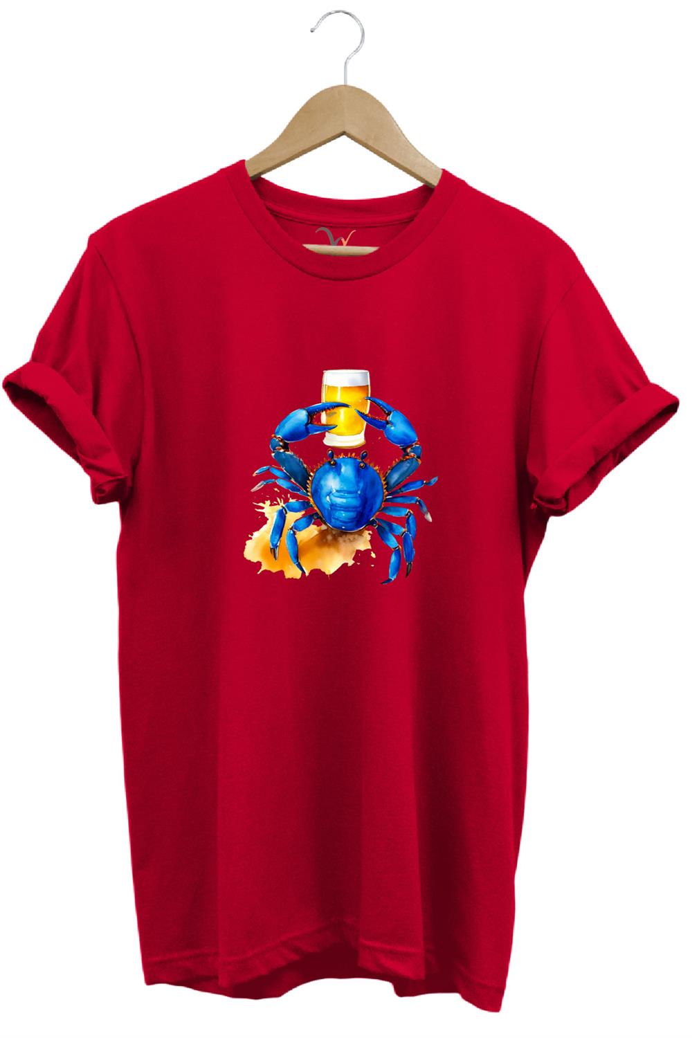 Yaz Baskılı Mavi Yengeç %100 Pamuk Regular Fit Bisiklet Yaka T-Shirt - Kırmızı