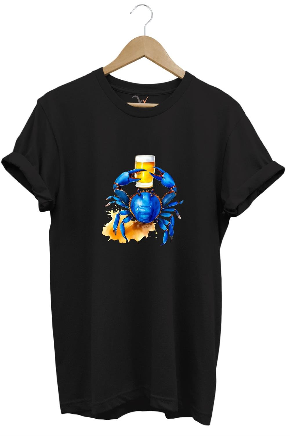 Yaz Baskılı Mavi Yengeç %100 Pamuk Regular Fit Bisiklet Yaka T-Shirt - Siyah