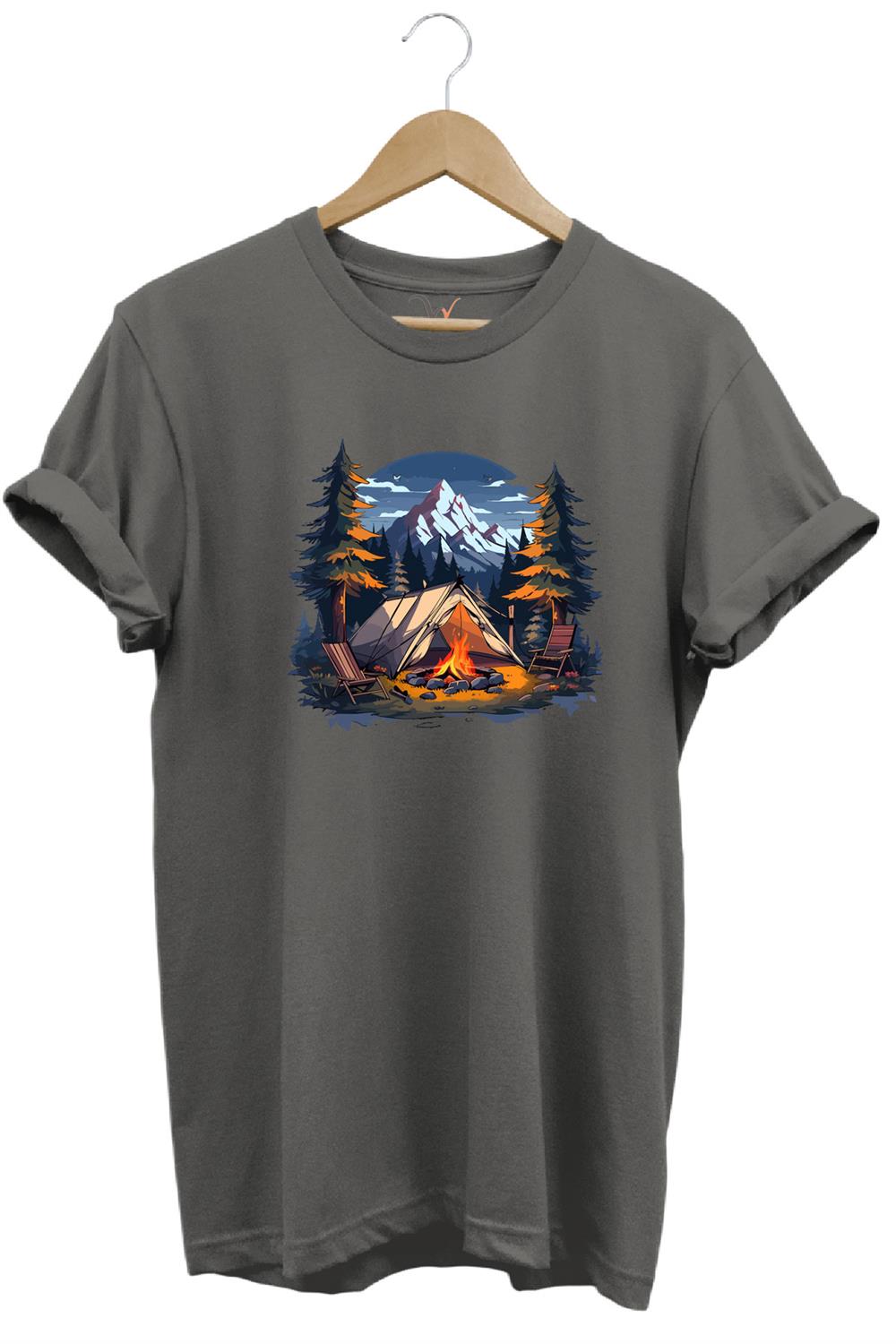 Yazlık Kamp Doğa Çadır Ve Dağ Baskılı %100 Pamuk Regular Fit Bisiklet Yaka T-Shirt - Antrasit