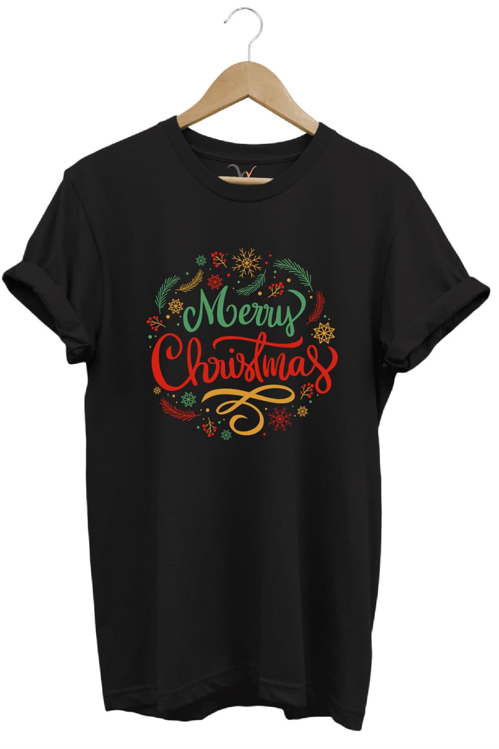 Yılbaşı Christmas Baskılı Noel Yeni Yıl %100 Pamuk Regular Fit Bisiklet Yaka T-Shirt - Siyah