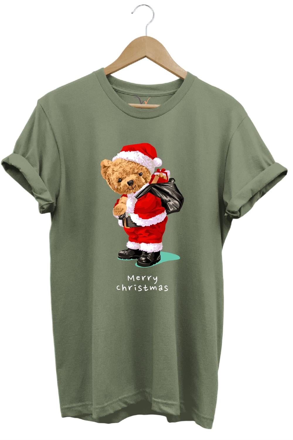 Yılbaşı Yeni Yıl Merry Christmas Sevimli Ayıcık Baskılı %100 Pamuk Regular Fit T-Shirt - Haki