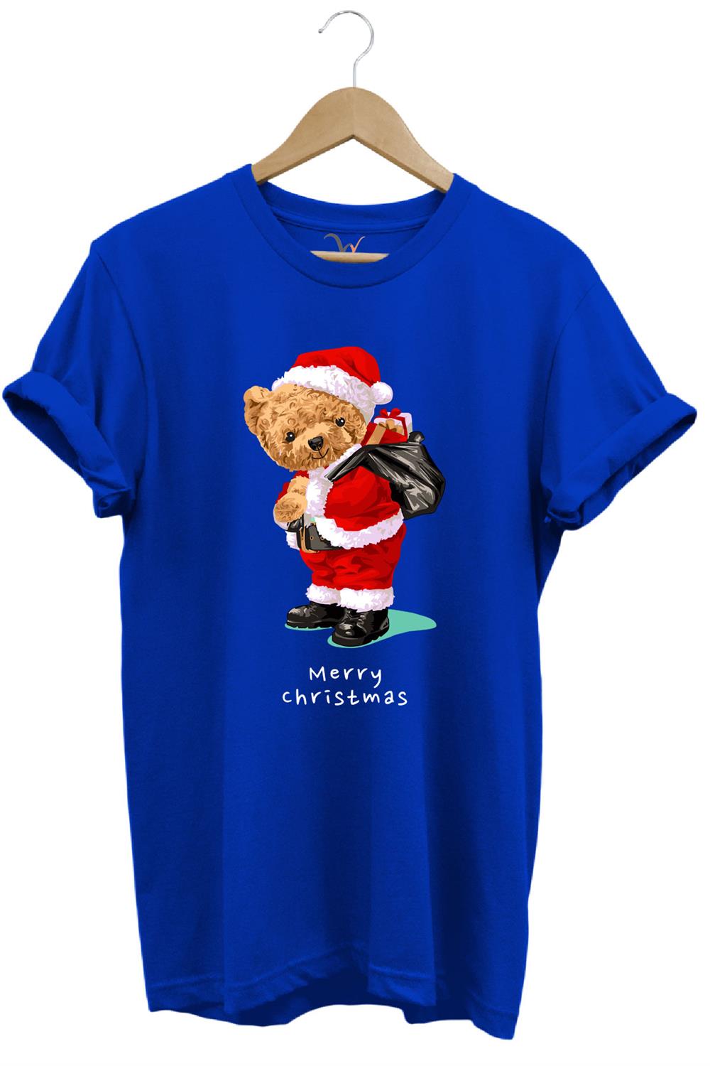 Yılbaşı Yeni Yıl Merry Christmas Sevimli Ayıcık Baskılı %100 Pamuk Regular Fit T-Shirt - Mavi