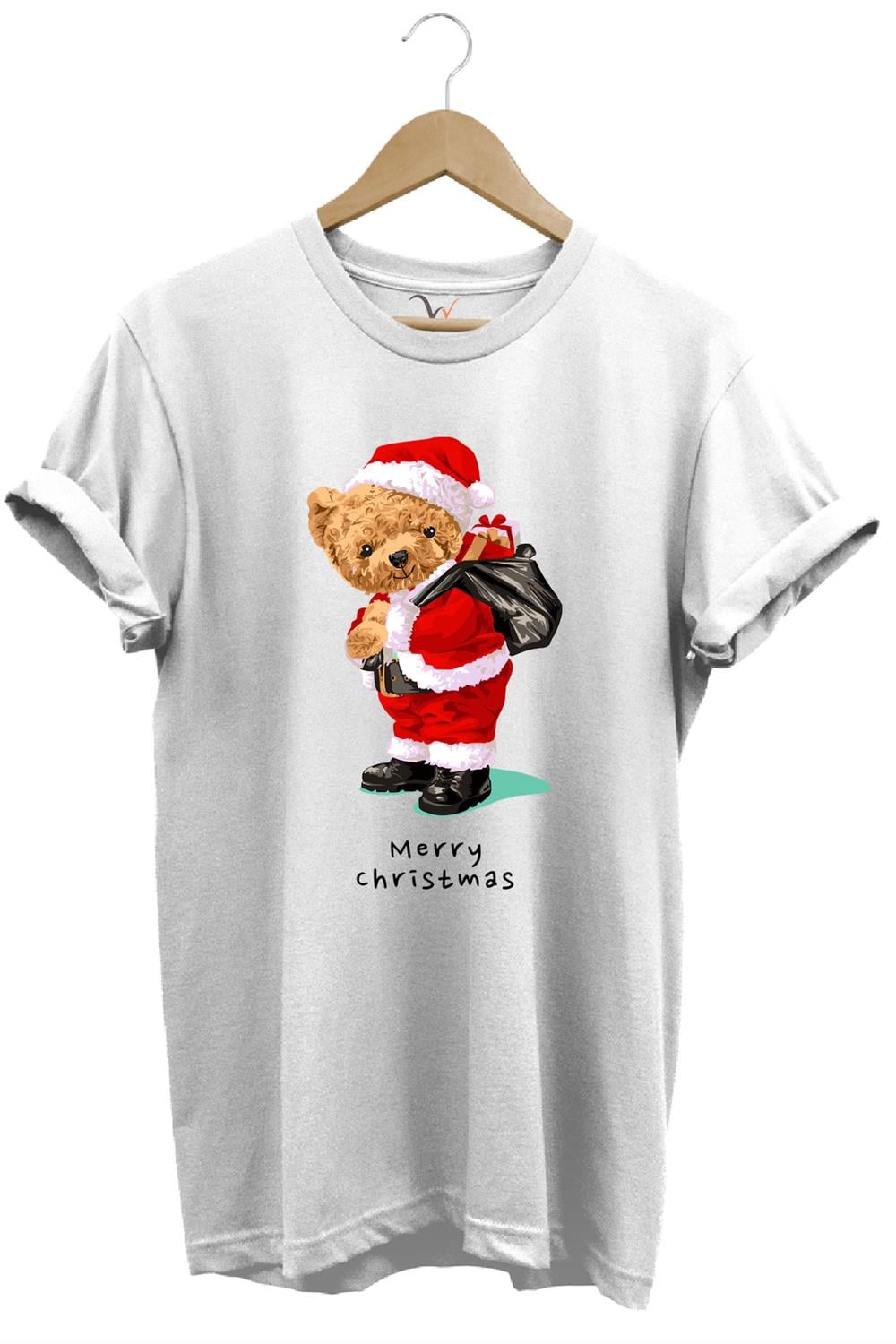 Yılbaşı Yeni Yıl Merry Christmas Sevimli Ayıcık Baskılı %100 Pamuk Regular Fit T-Shirt - Beyaz
