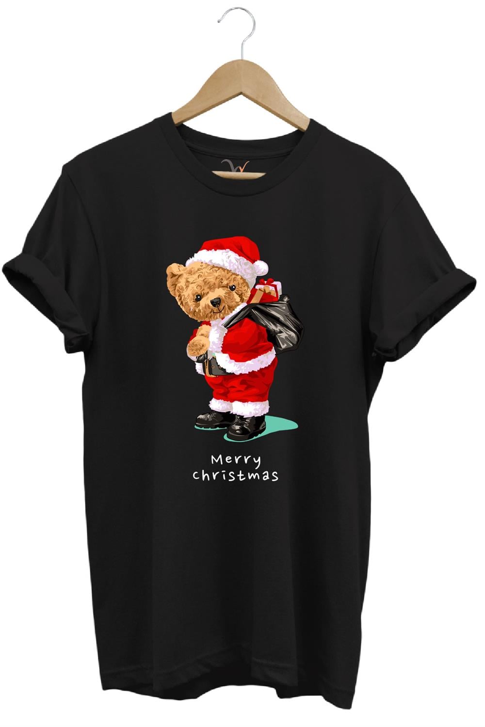 Yılbaşı Yeni Yıl Merry Christmas Sevimli Ayıcık Baskılı %100 Pamuk Regular Fit T-Shirt - Siyah