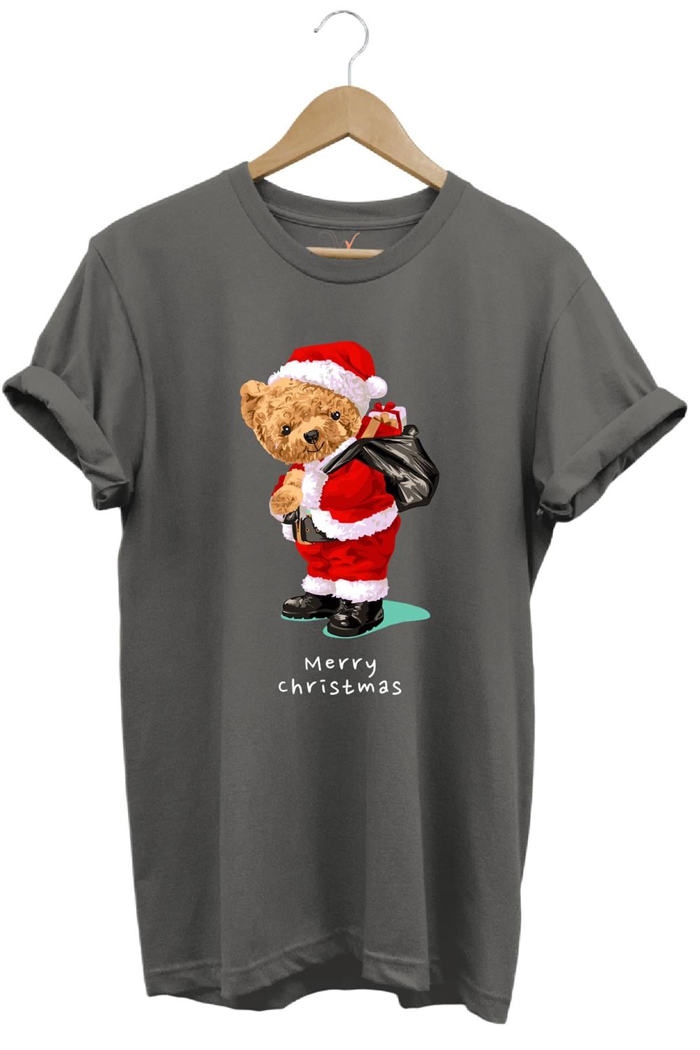 Yılbaşı Yeni Yıl Merry Christmas Sevimli Ayıcık Baskılı %100 Pamuk Regular Fit T-Shirt - Antrasit