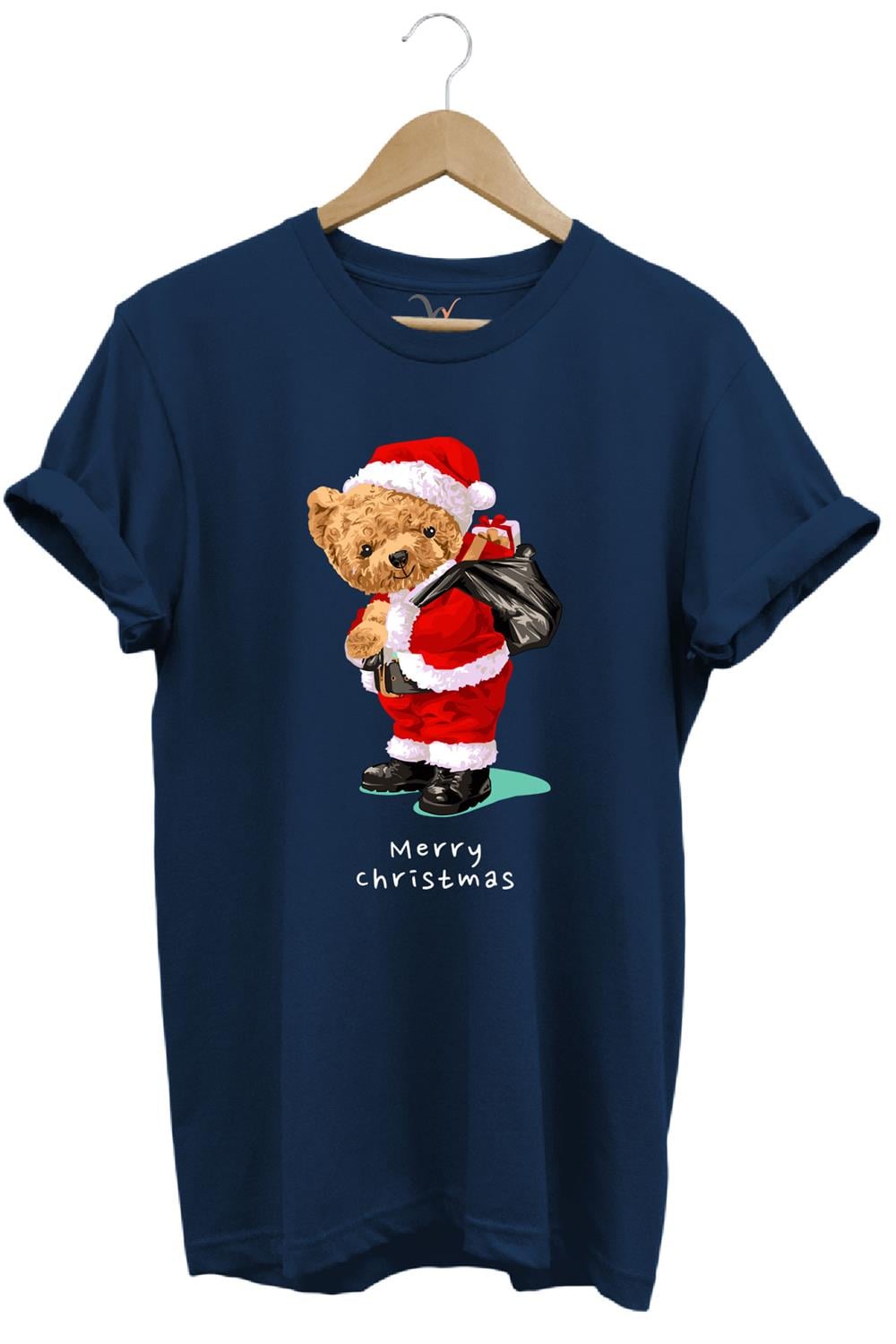 Yılbaşı Yeni Yıl Merry Christmas Sevimli Ayıcık Baskılı %100 Pamuk Regular Fit T-Shirt - Lacivert