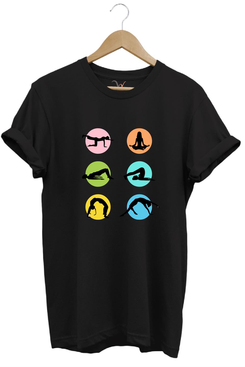 Yoga Meditasyon Hareketleri Baskılı %100 Pamuk Regular Fit Bisiklet Yaka T-Shirt - Siyah