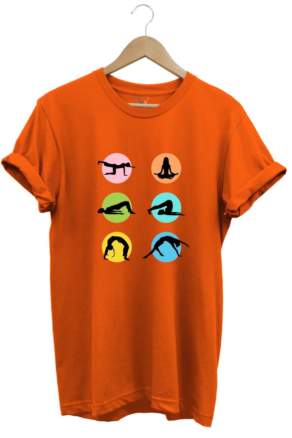 Yoga Meditasyon Hareketleri Baskılı %100 Pamuk Regular Fit Bisiklet Yaka T-Shirt - Turuncu