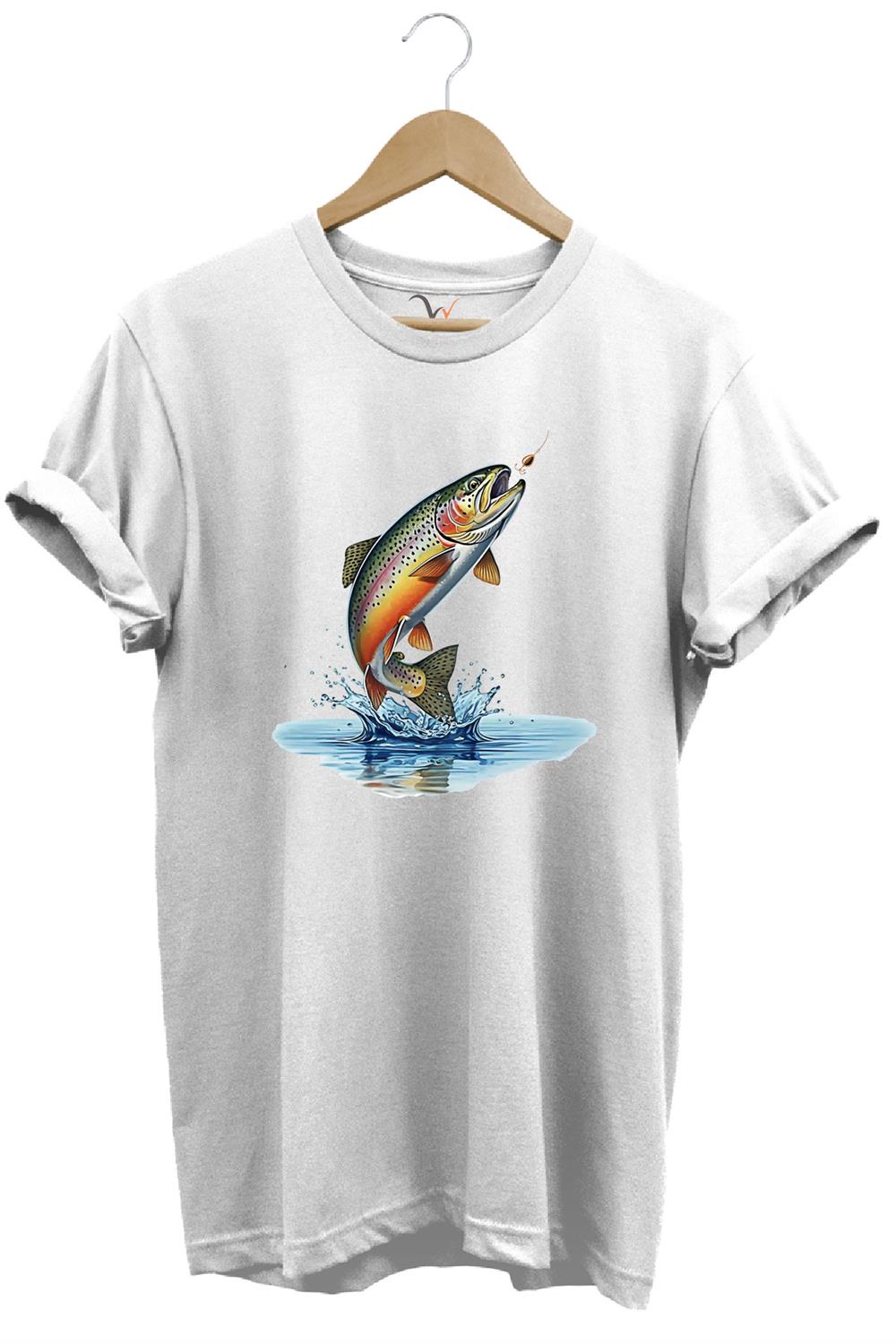 Zıpkınlanan Alabalık Tasarımlı Balıkçılık Temalı %100 Pamuk Unisex Regular Fit T-Shirt - Beyaz