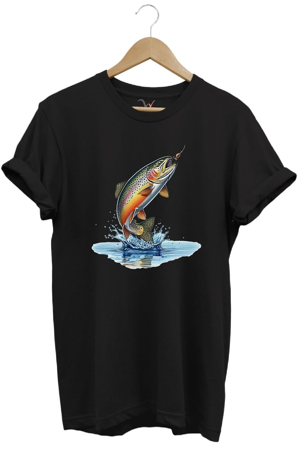Zıpkınlanan Alabalık Tasarımlı Balıkçılık Temalı %100 Pamuk Unisex Regular Fit T-Shirt - Siyah