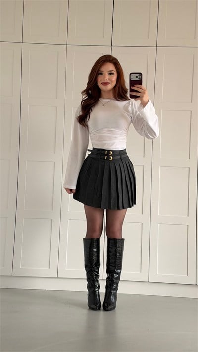 Pleated Belted Skirt Anthracite