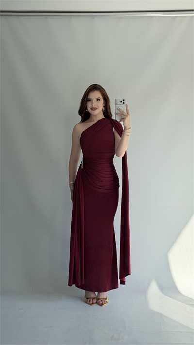 Roma Drape Elbise Bordo