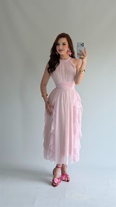 Şifon Drape Yaka Fırfırlı Elbise Pudra
