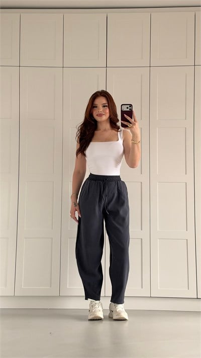 Tencel Elastic Waist Carrot Fit Pants Navy Blue