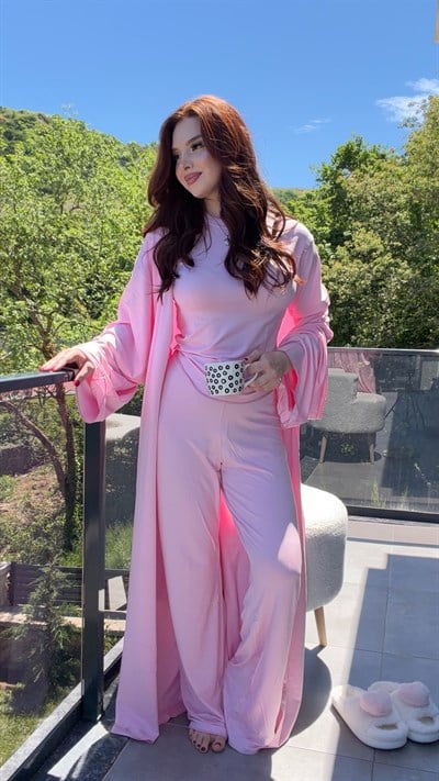 Viral Hırkalı Üçlü Takım Pembe