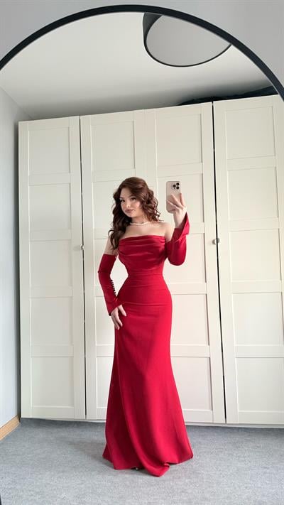 Alya Saten Kollu Abiye Kırmızı