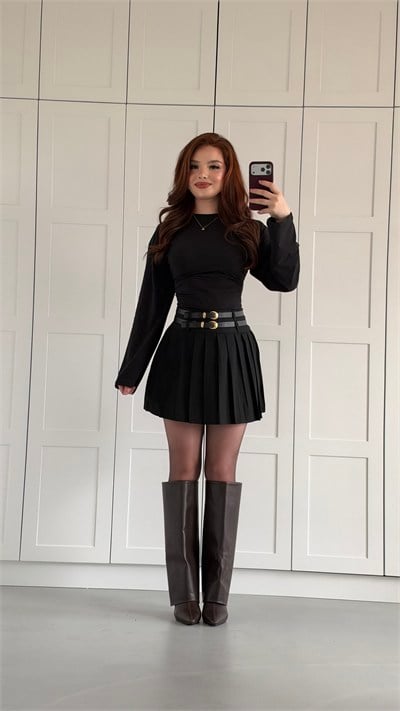 Pleated Belted Skirt Black Grey