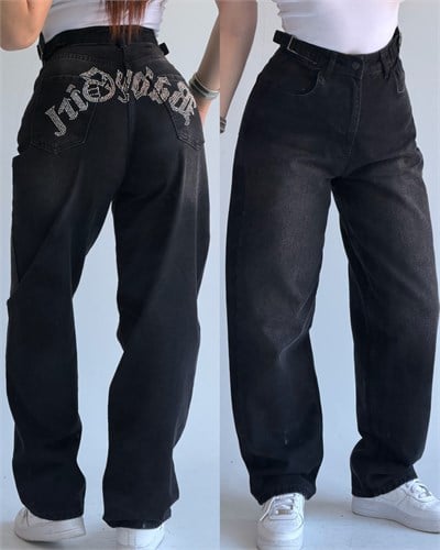Icon Taş İşlemeli Wide Leg Jean Siyah