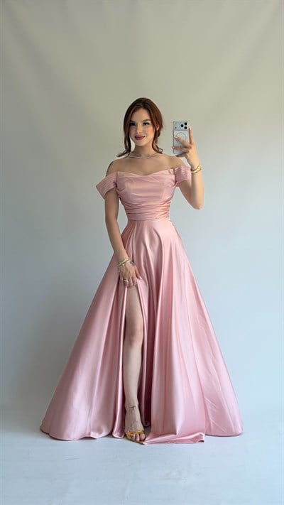 İsadora Saten Düşük Omuz Abiye Pembe