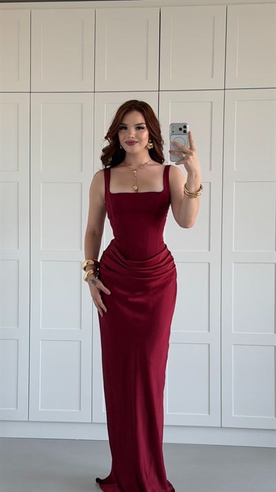 Sofia Drape Saten Uzun Elbise Bordo