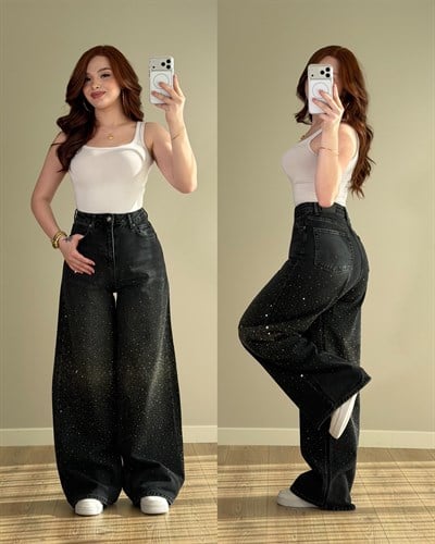 Baggy Ön Arka Taşlı Pantolon Siyah K